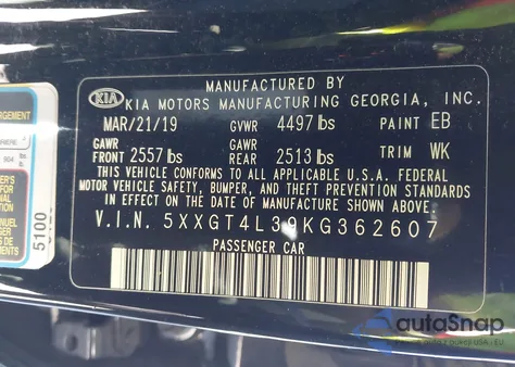 2019 Kia Optima Lx from USA, damaged, VIN 5XXGT4L39KG362607